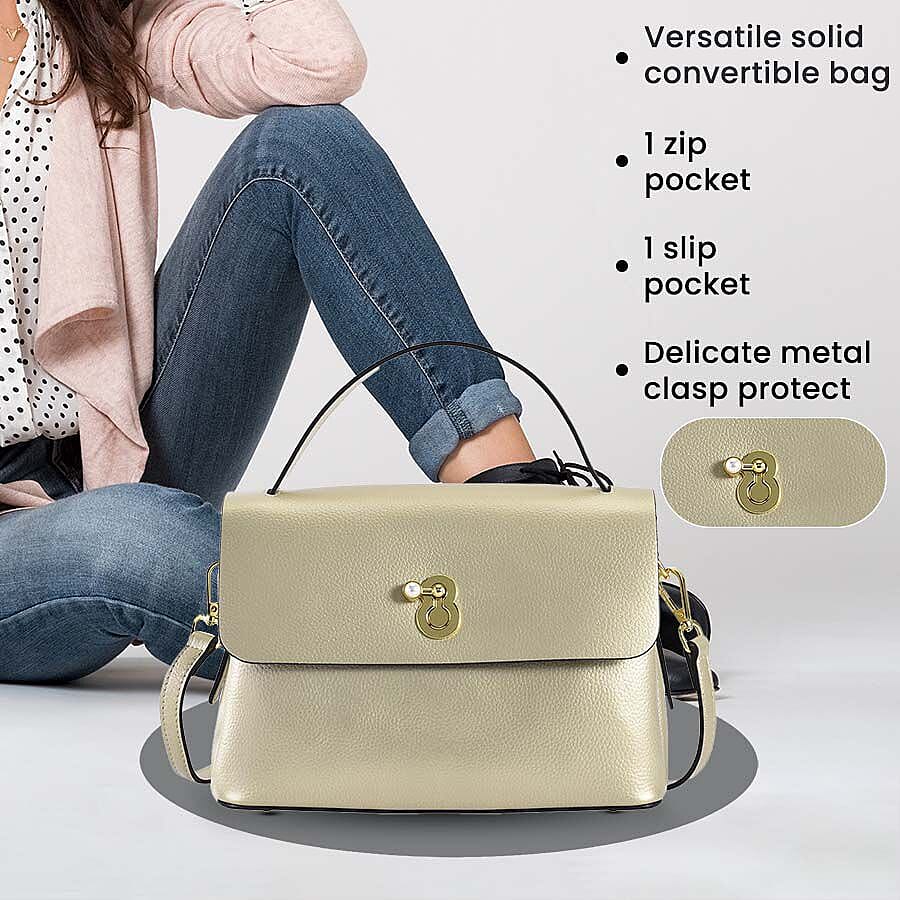 100% Genuine Leather Convertible Bag with Detachable Long Strap - Gold