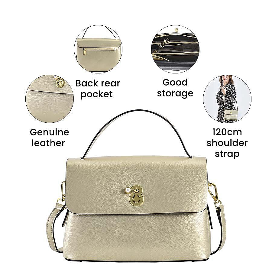 100% Genuine Leather Convertible Bag with Detachable Long Strap - Gold