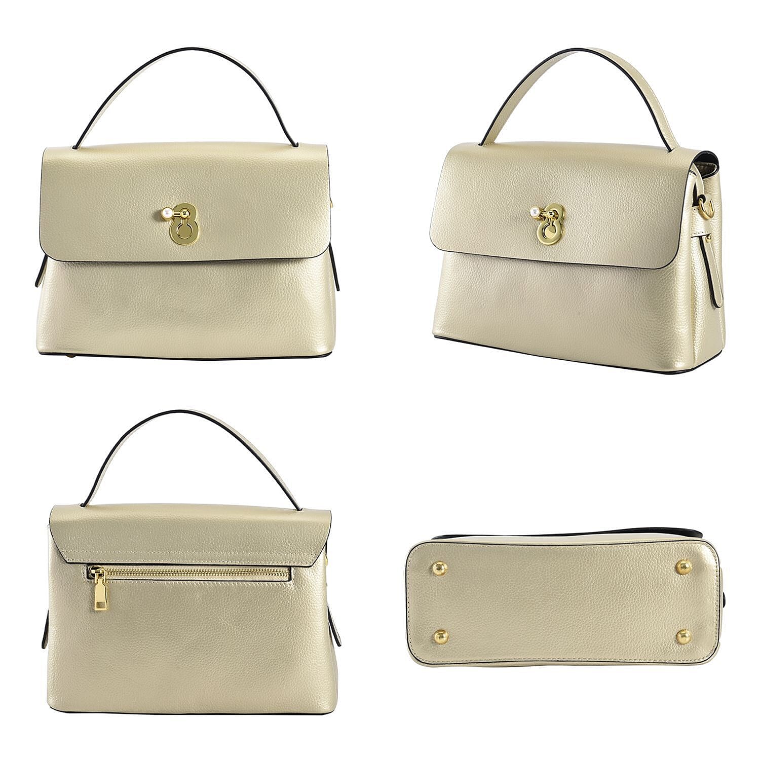 100% Genuine Leather Convertible Bag with Detachable Long Strap - Gold