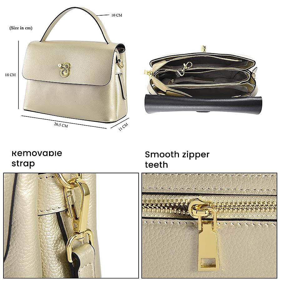 100% Genuine Leather Convertible Bag with Detachable Long Strap - Gold