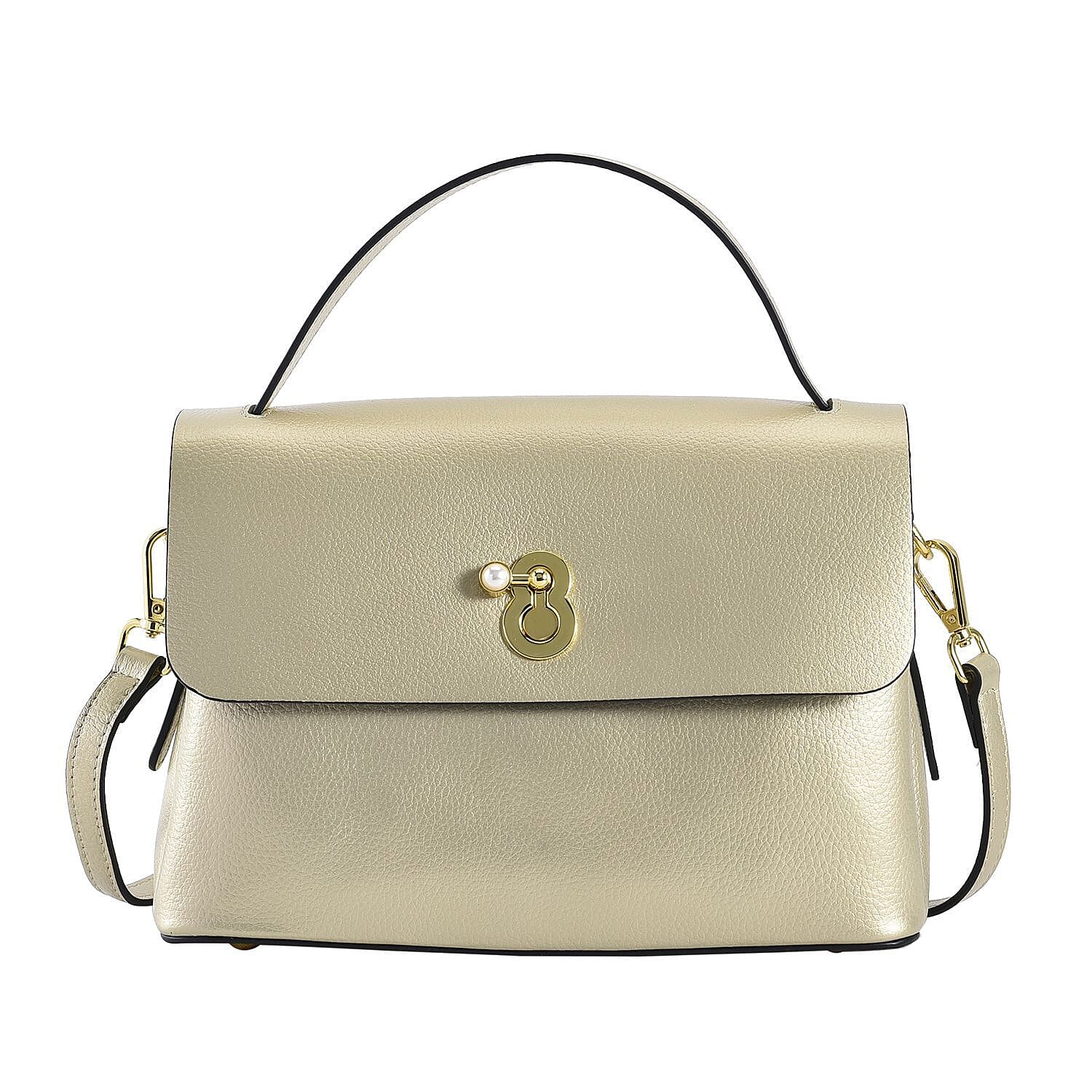 100% Genuine Leather Convertible Bag with Detachable Long Strap - Gold