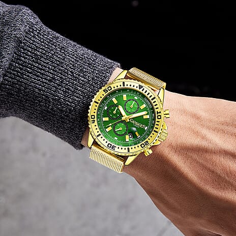 GAMAGES OF LONDON Limited Edition Hand Assembled Dominance Automatic Movement Green Dial Water Resistant Watch with Rose Gold Colour Mesh Bracelet