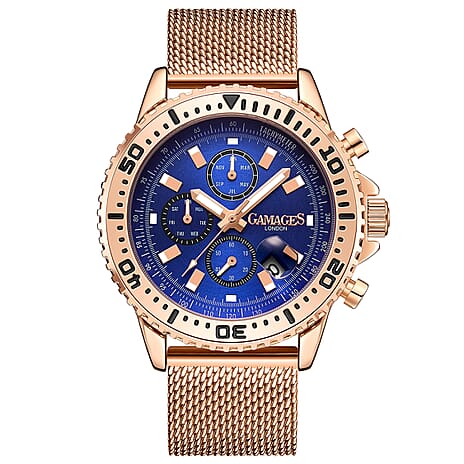 GAMAGES OF LONDON Limited Edition Hand Assembled Dominance Automatic Movement Blue Dial Water Resistant Watch with Rose Gold Colour Mesh Bracelet