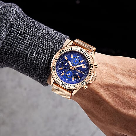 GAMAGES OF LONDON Limited Edition Hand Assembled Dominance Automatic Movement Blue Dial Water Resistant Watch with Rose Gold Colour Mesh Bracelet