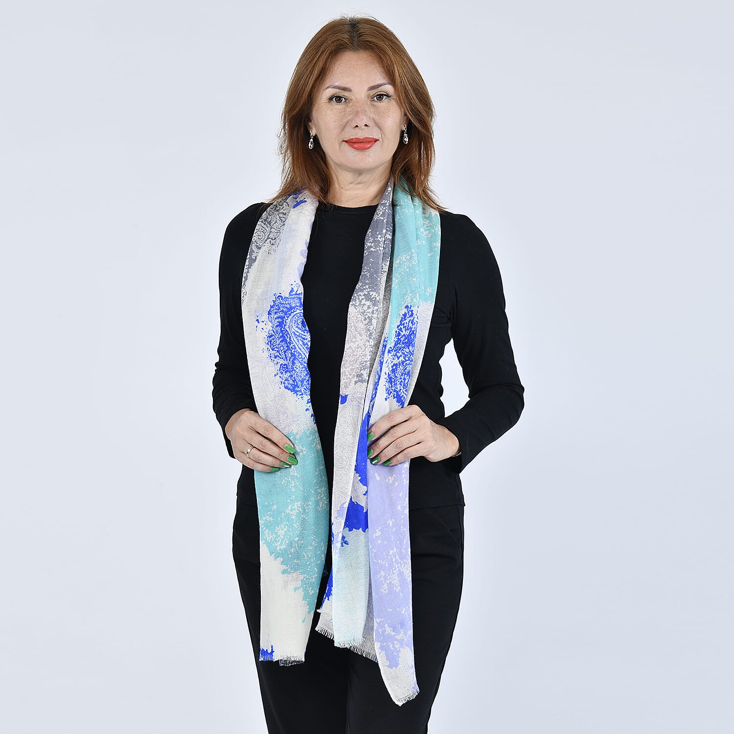 LA MAREY 100% Wool Paisley Pattern Scarf (Size 67x190Cm) - Blue and Green