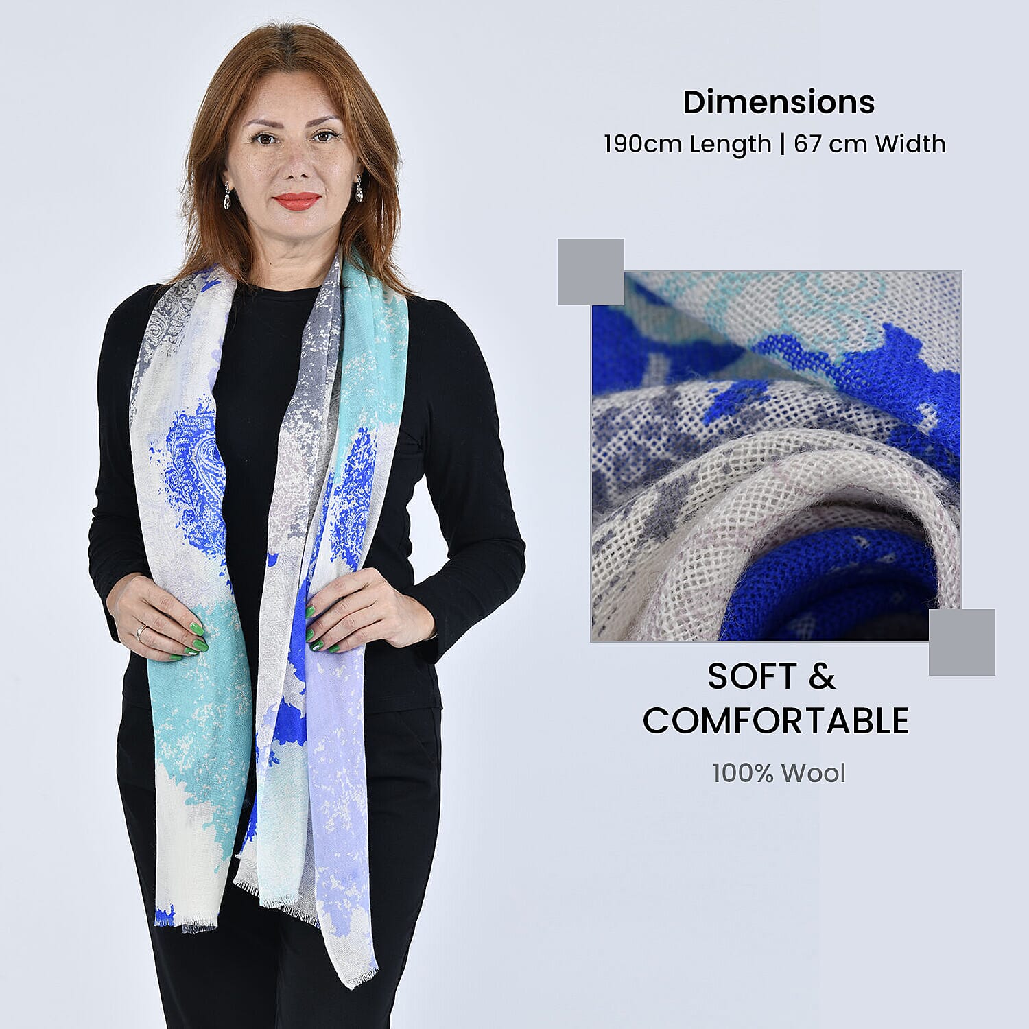 LA MAREY 100% Wool Paisley Pattern Scarf (Size 67x190Cm) - Blue and Green