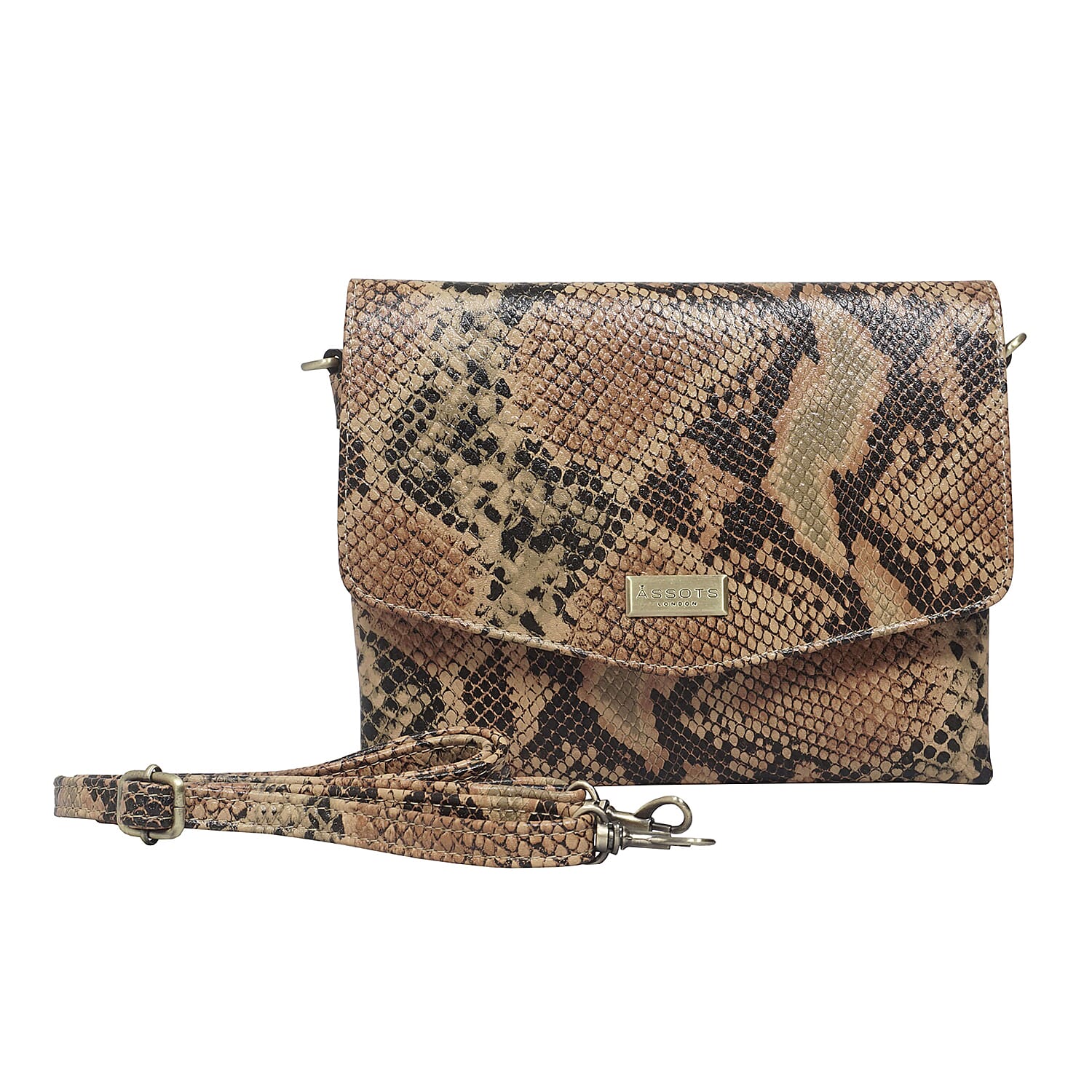ASSOTS LONDON Georgia 100% Genuine Leather Snake Pattern Crossbody Bag (Size 23x17x4 Cm) - Black & Tan