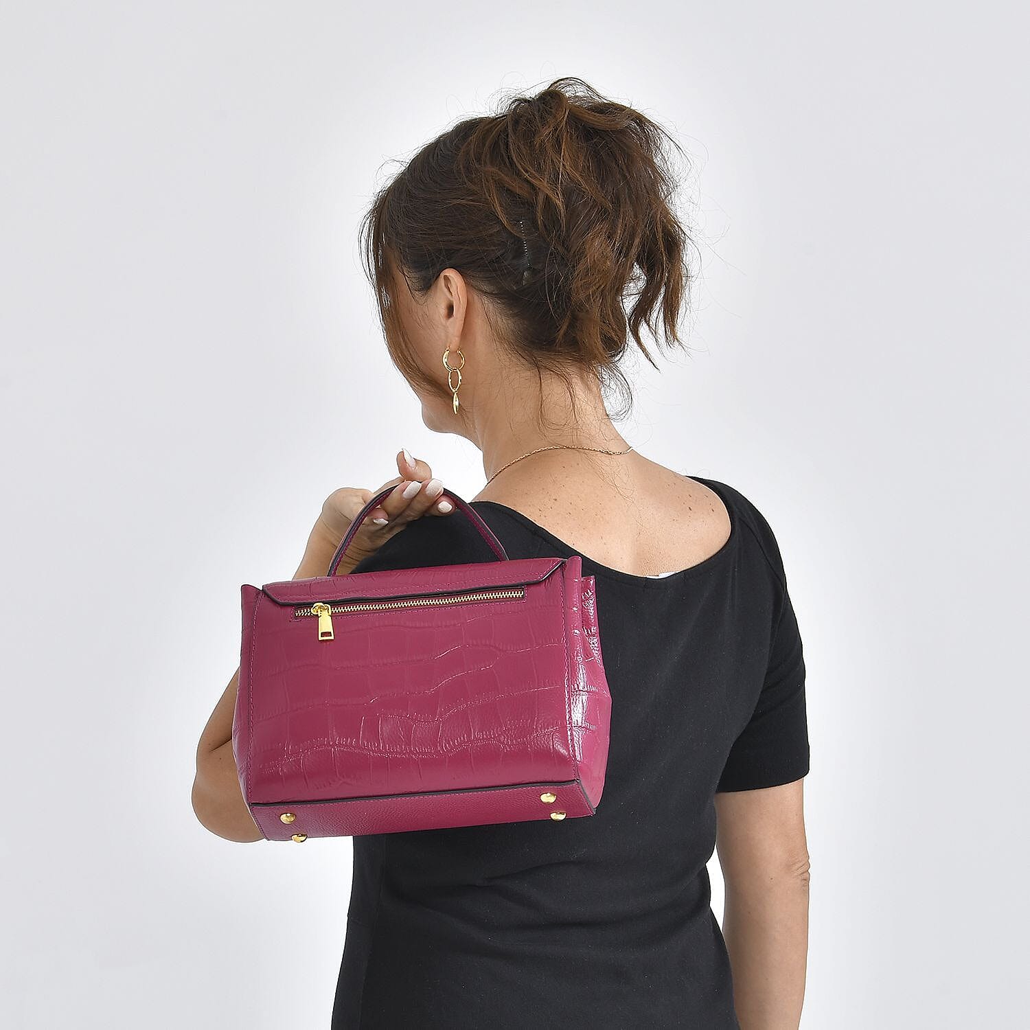 MEGA CLOSE OUT DEAL- 100% Genuine Leather Bag with Detachable Long Strap - Fuscia