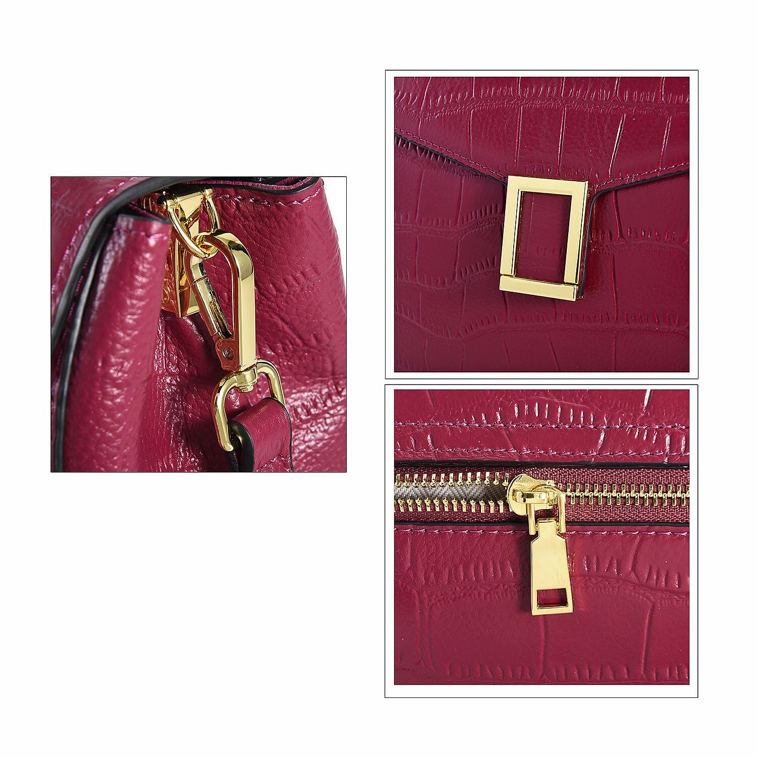 MEGA CLOSE OUT DEAL- 100% Genuine Leather Bag with Detachable Long Strap - Fuscia