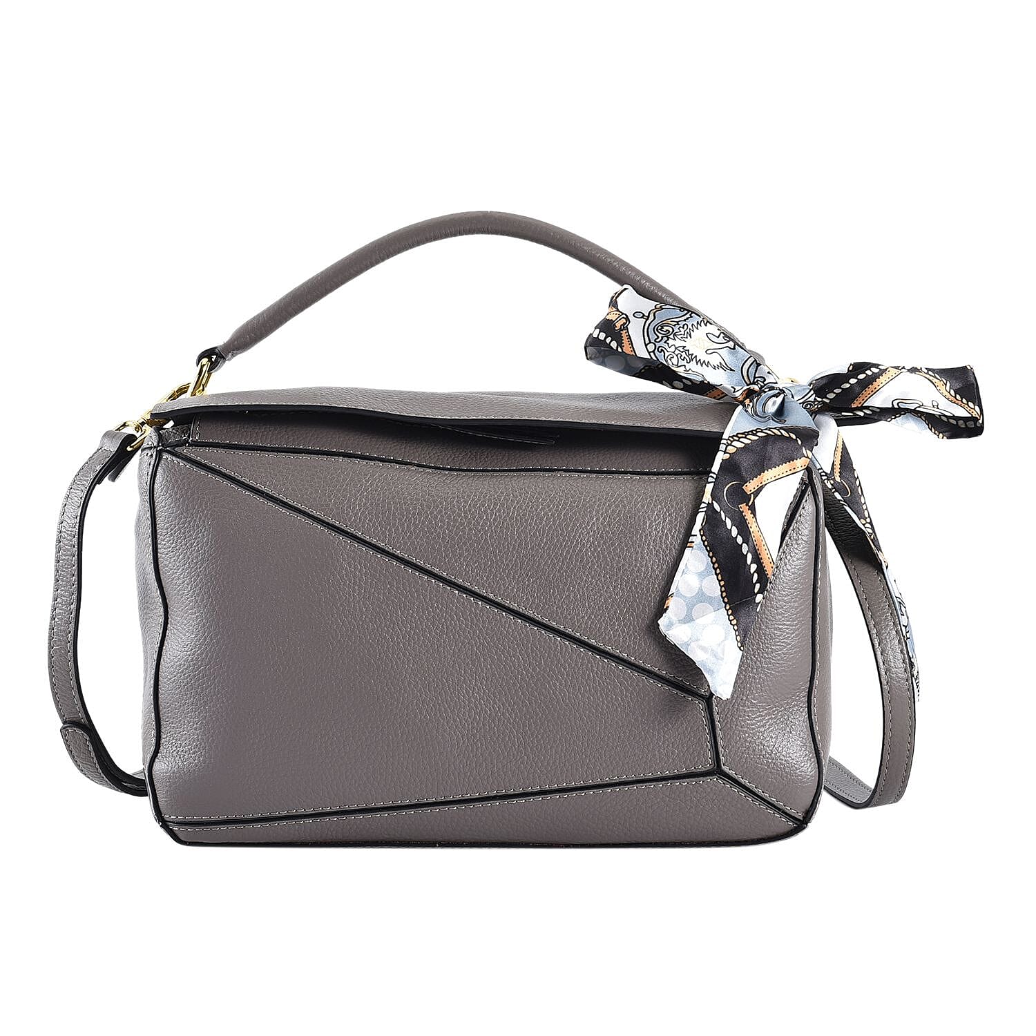 100% Genuine Leather Desginer Inspired Handbag with Detachable Long Strap - Grey