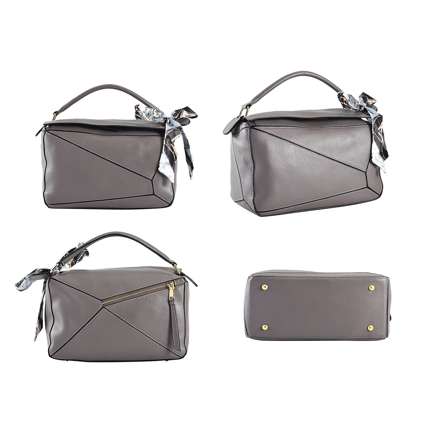 100% Genuine Leather Desginer Inspired Handbag with Detachable Long Strap - Grey