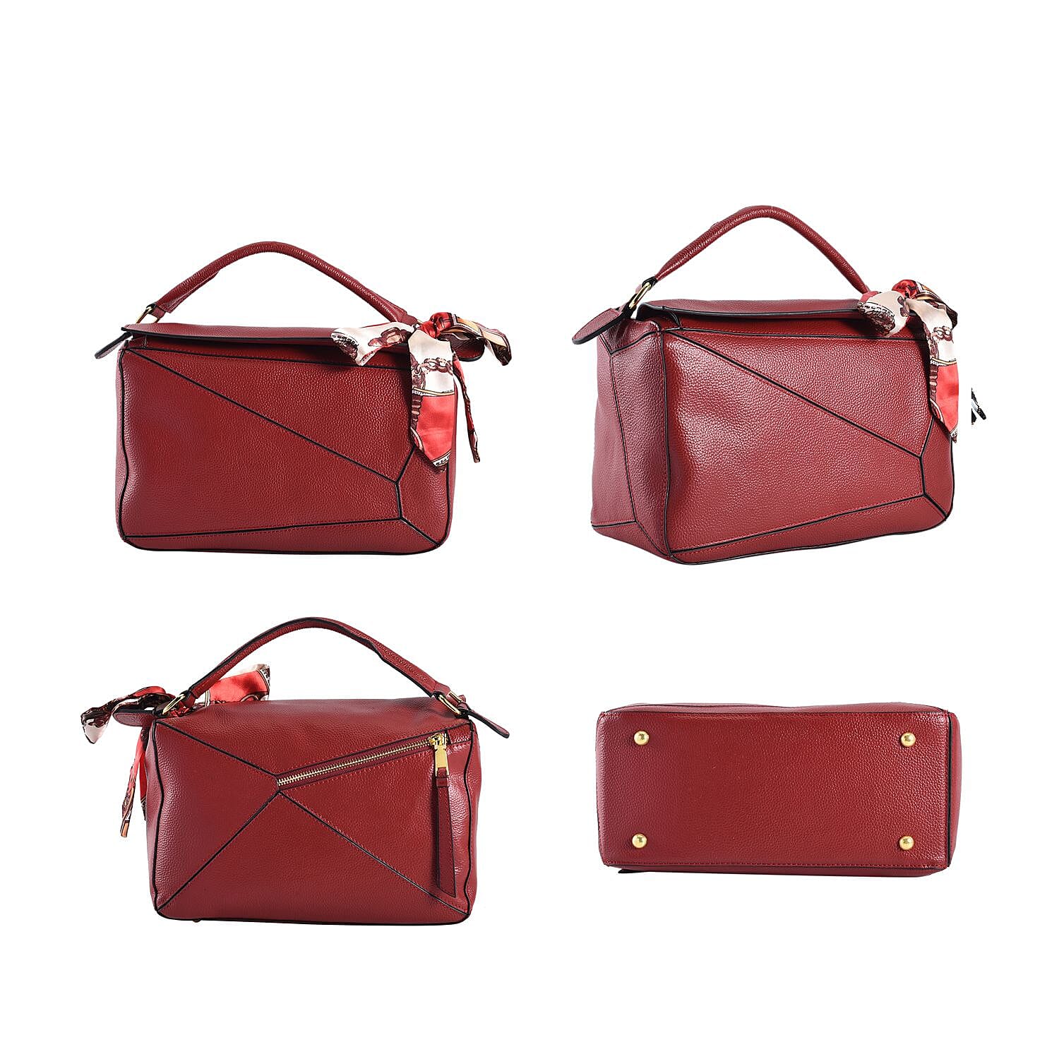 100% Genuine Leather Desginer Inspired Handbag with Detachable Long Strap - Burgundy