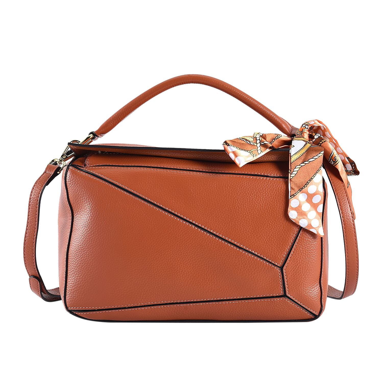 100% Genuine Leather Desginer Inspired Handbag with Detachable Long Strap (Size 30x18x12 Cm) - Tan