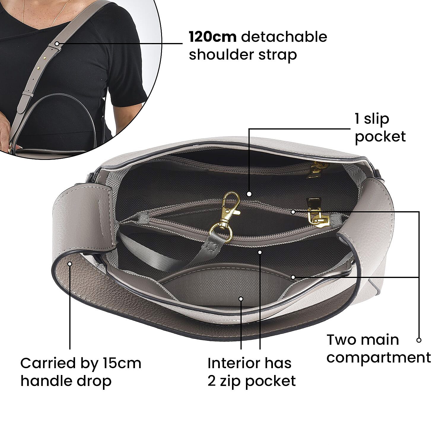 Genuine Leather Solid Crossbody Bag (Size 25x18x10 cm) - Grey