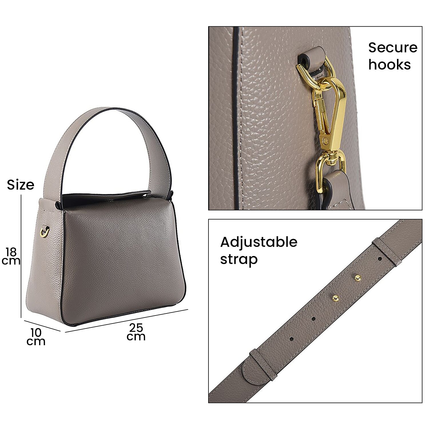 Genuine Leather Solid Crossbody Bag (Size 25x18x10 cm) - Grey