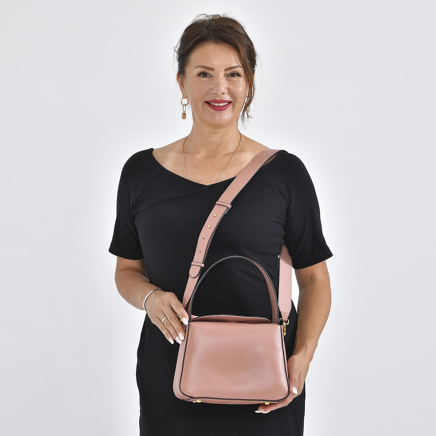 Genuine Leather Solid Crossbody Bag - Pink