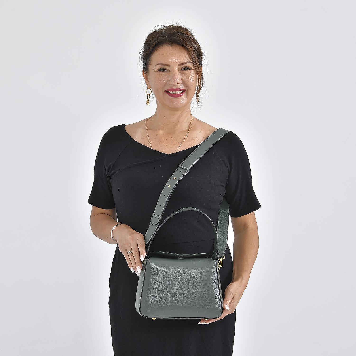 Genuine Leather Solid Crossbody Bag - Dark Green