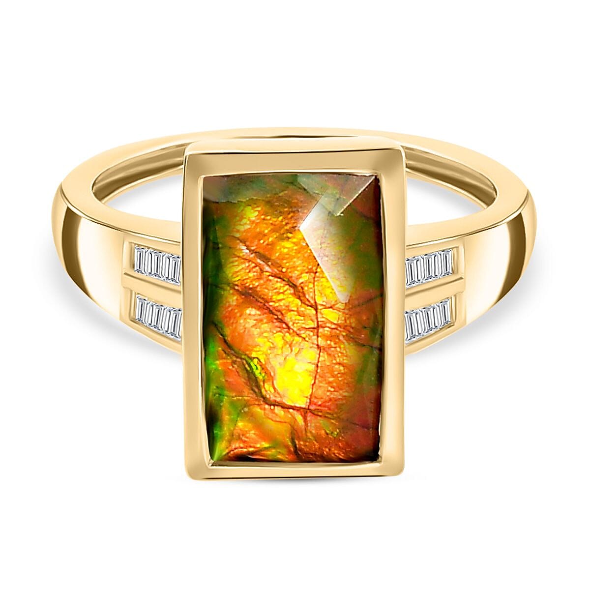 9K Yellow Gold Ammolite and Diamond Ring 2.92 Ct.