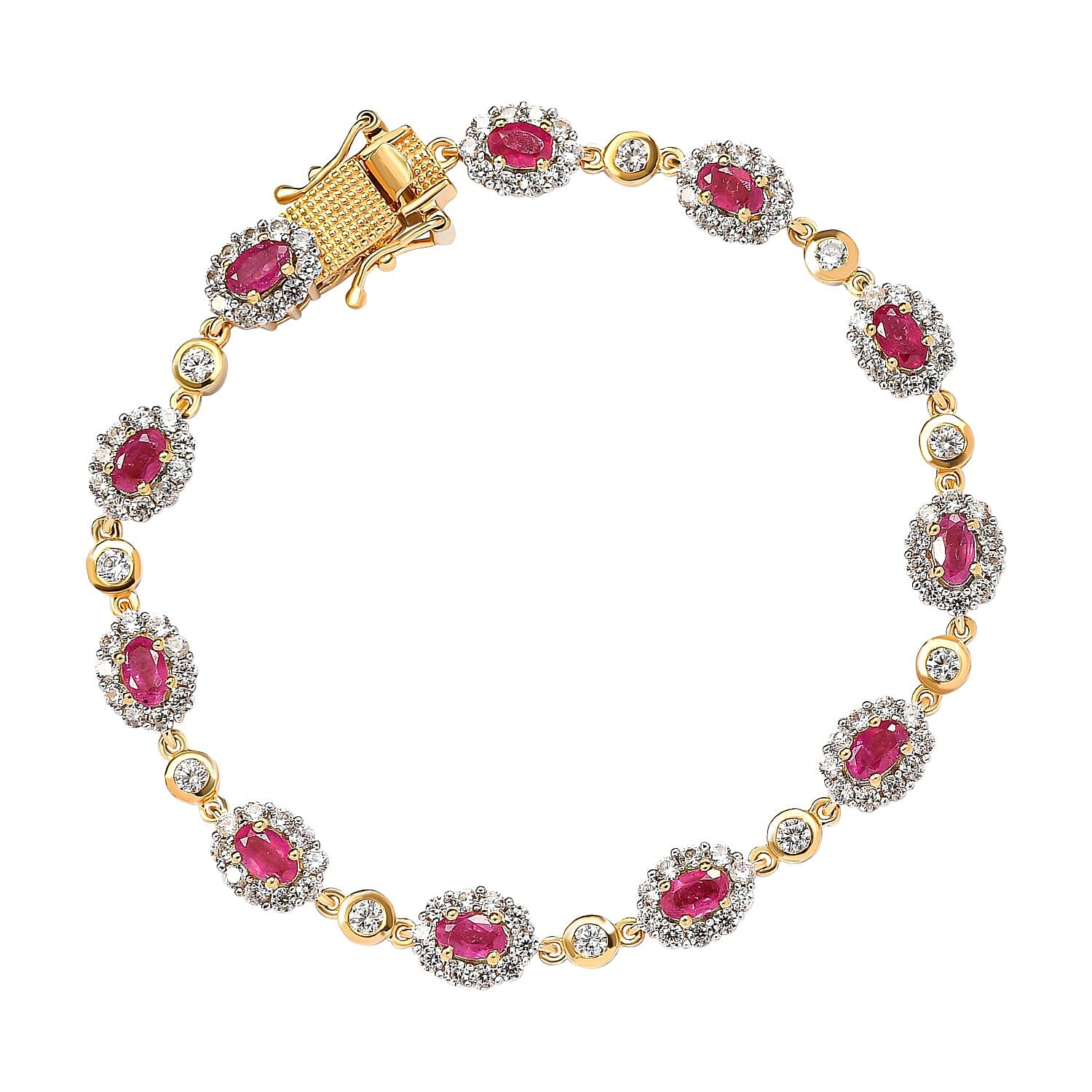 African Ruby and Natural Cambodian Zircon Bracelet (Size - 7) in 18K Vermeil Yellow Gold Plated Sterling Silver 9.29 Ct, Silver Wt. 9.90 Gms