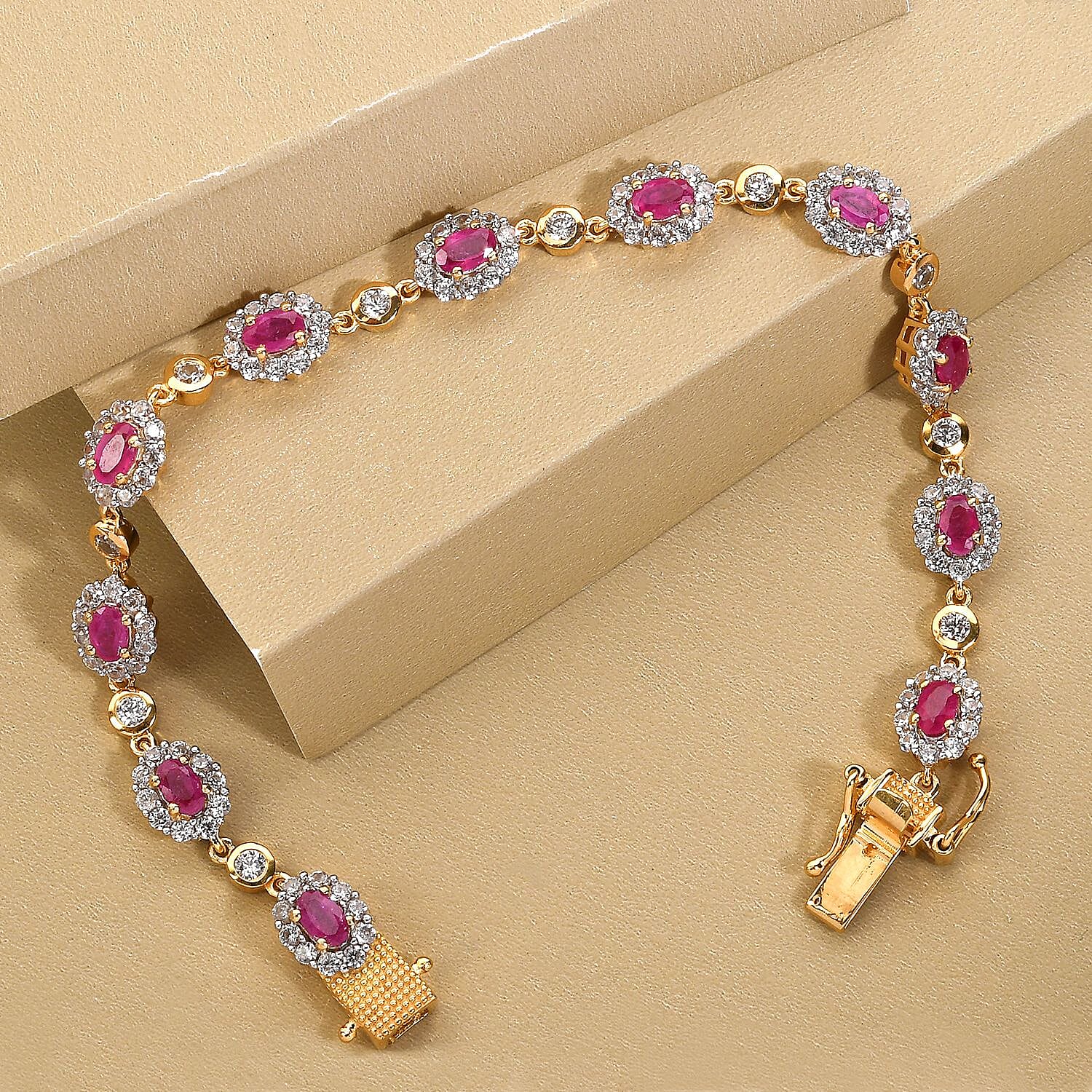 African Ruby and Natural Cambodian Zircon Bracelet (Size - 7) in 18K Vermeil Yellow Gold Plated Sterling Silver 9.29 Ct, Silver Wt. 9.90 Gms