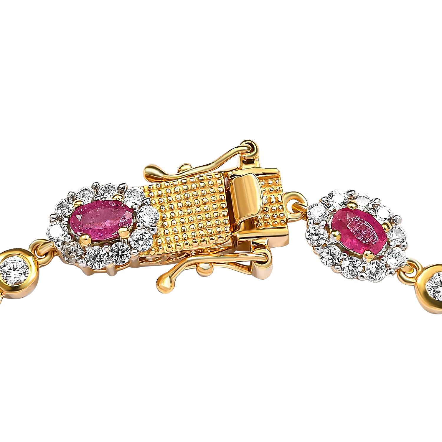 African Ruby and Natural Cambodian Zircon Bracelet (Size - 7) in 18K Vermeil Yellow Gold Plated Sterling Silver 9.29 Ct, Silver Wt. 9.90 Gms