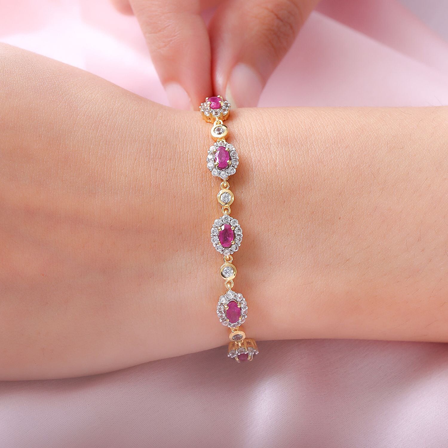 African Ruby and Natural Cambodian Zircon Bracelet (Size - 7) in 18K Vermeil Yellow Gold Plated Sterling Silver 9.29 Ct, Silver Wt. 9.90 Gms