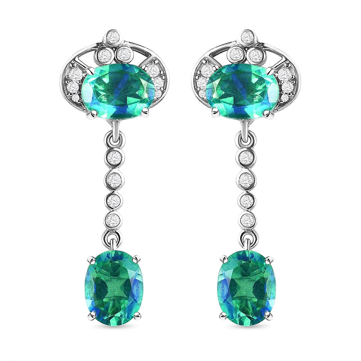 Peacock Quartz and Natural Cambodian Zircon Dangling Earrings (With Push Back) in Platinum Overlay Sterling Silver 8.95 Ct.