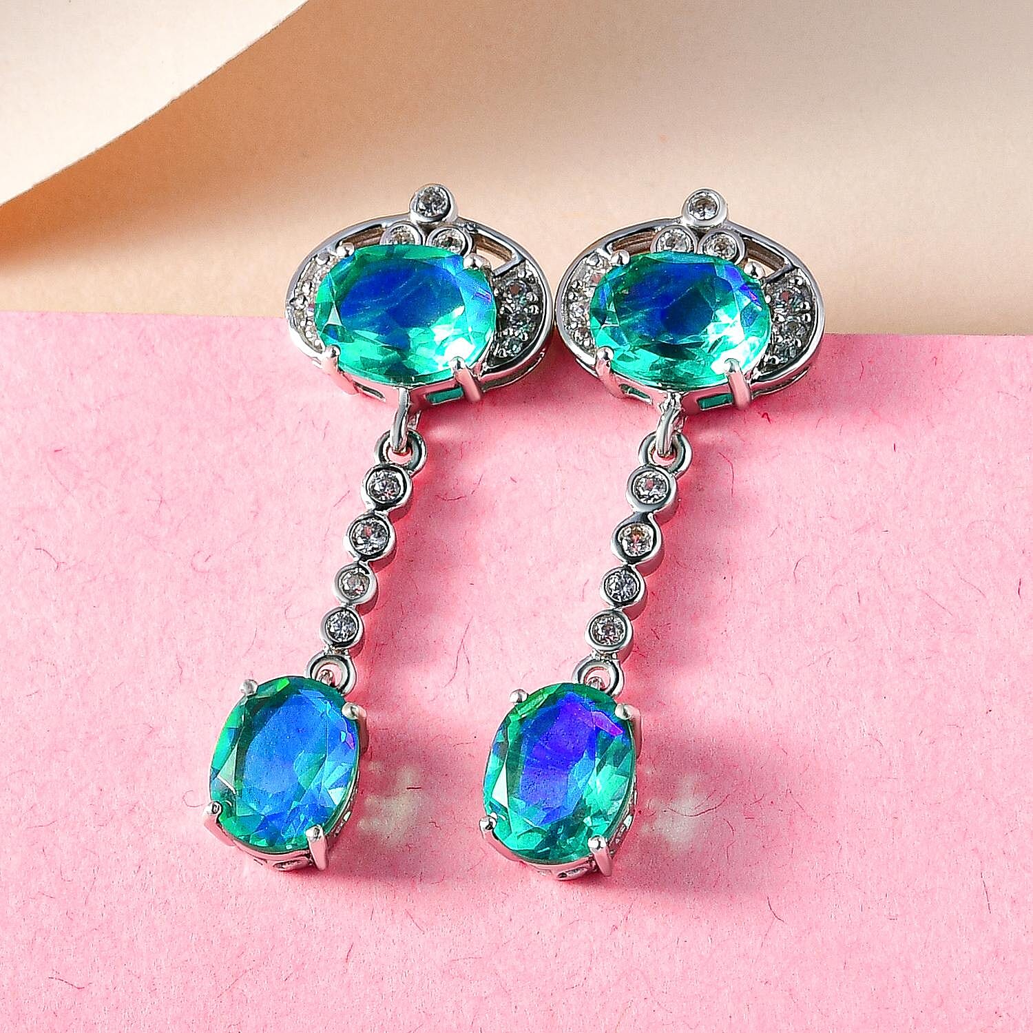 Peacock Quartz and Natural Cambodian Zircon Dangling Earrings (With Push Back) in Platinum Overlay Sterling Silver 8.95 Ct.