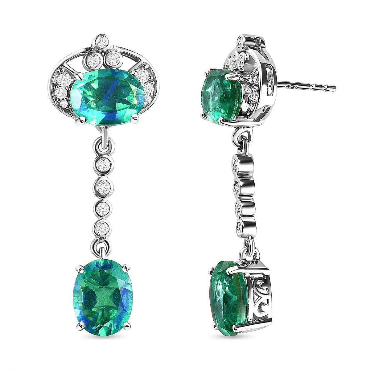 Peacock Quartz and Natural Cambodian Zircon Dangling Earrings (With Push Back) in Platinum Overlay Sterling Silver 8.95 Ct.