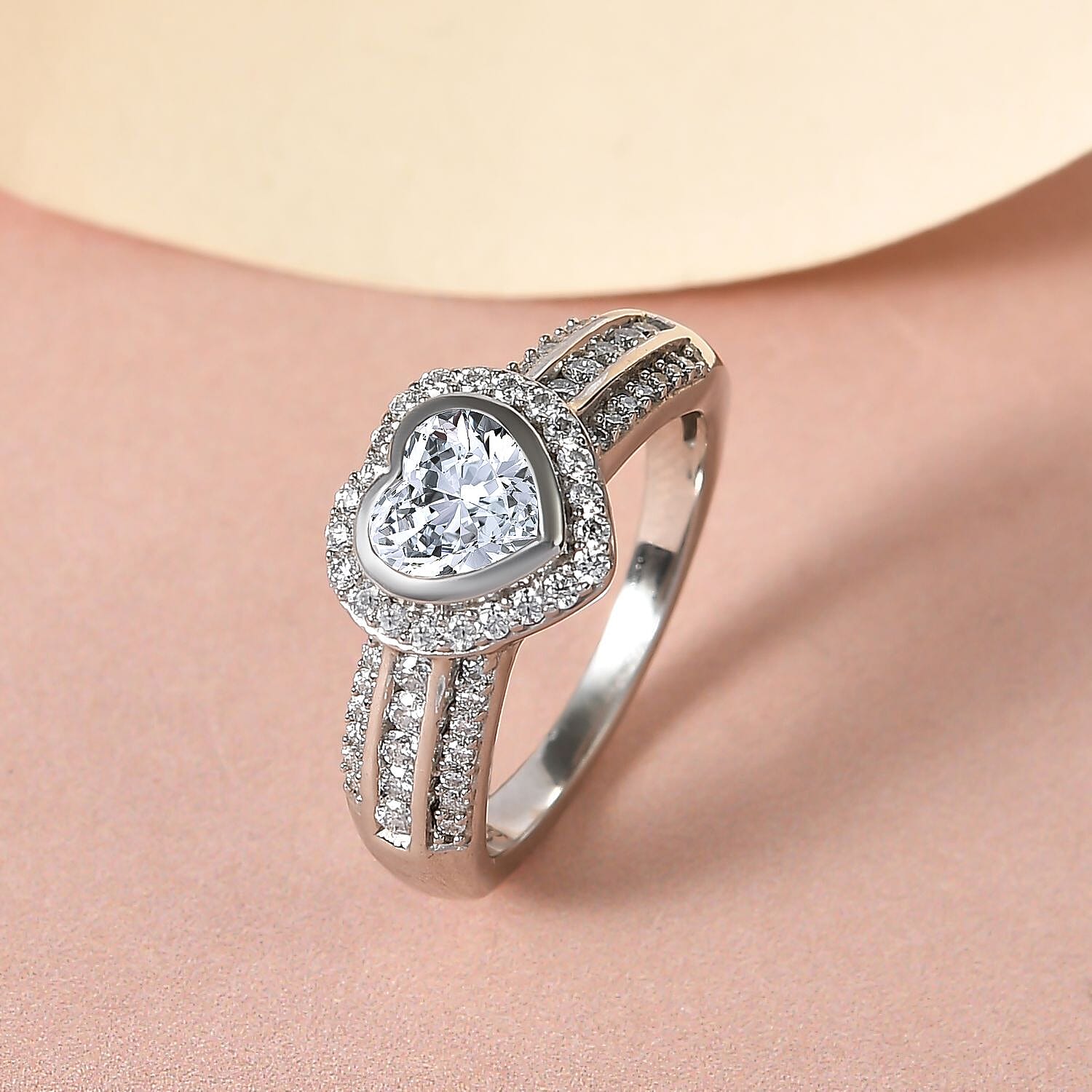 Moissanite Heart Ring in Platinum Overlay Sterling Silver