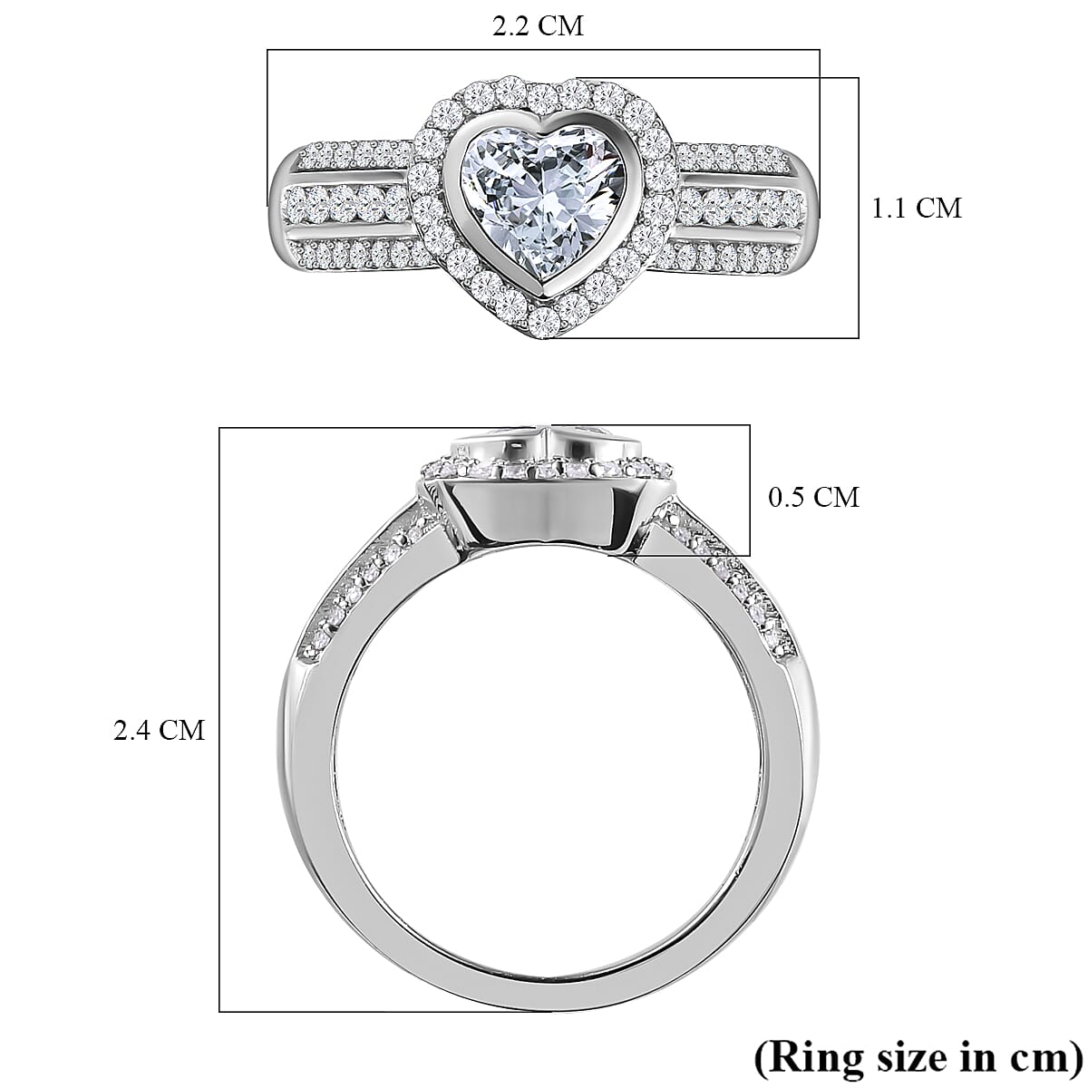Moissanite Heart Ring in Platinum Overlay Sterling Silver