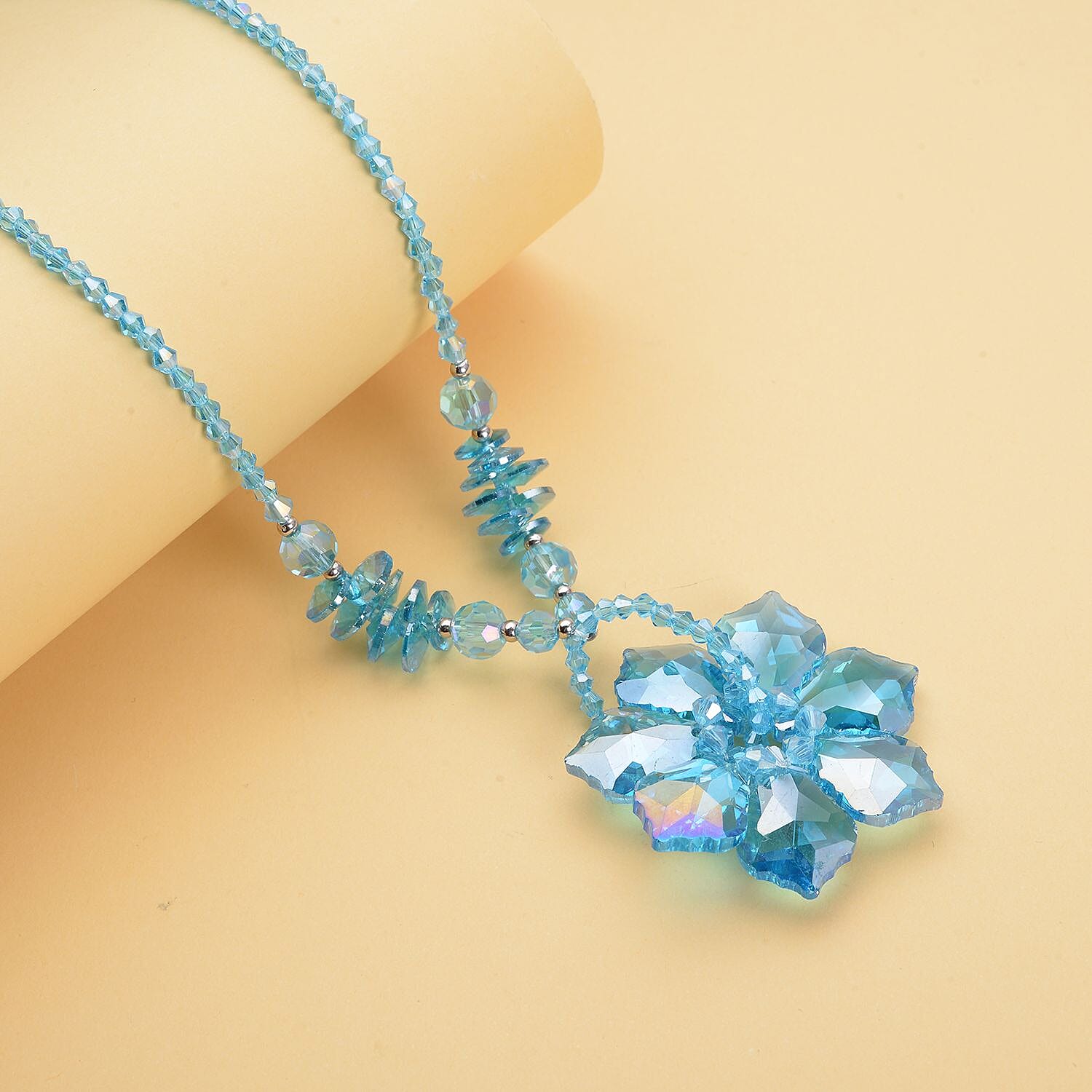 Simulated Blue AB Crystal Beads Floral Necklace (Size - 20)