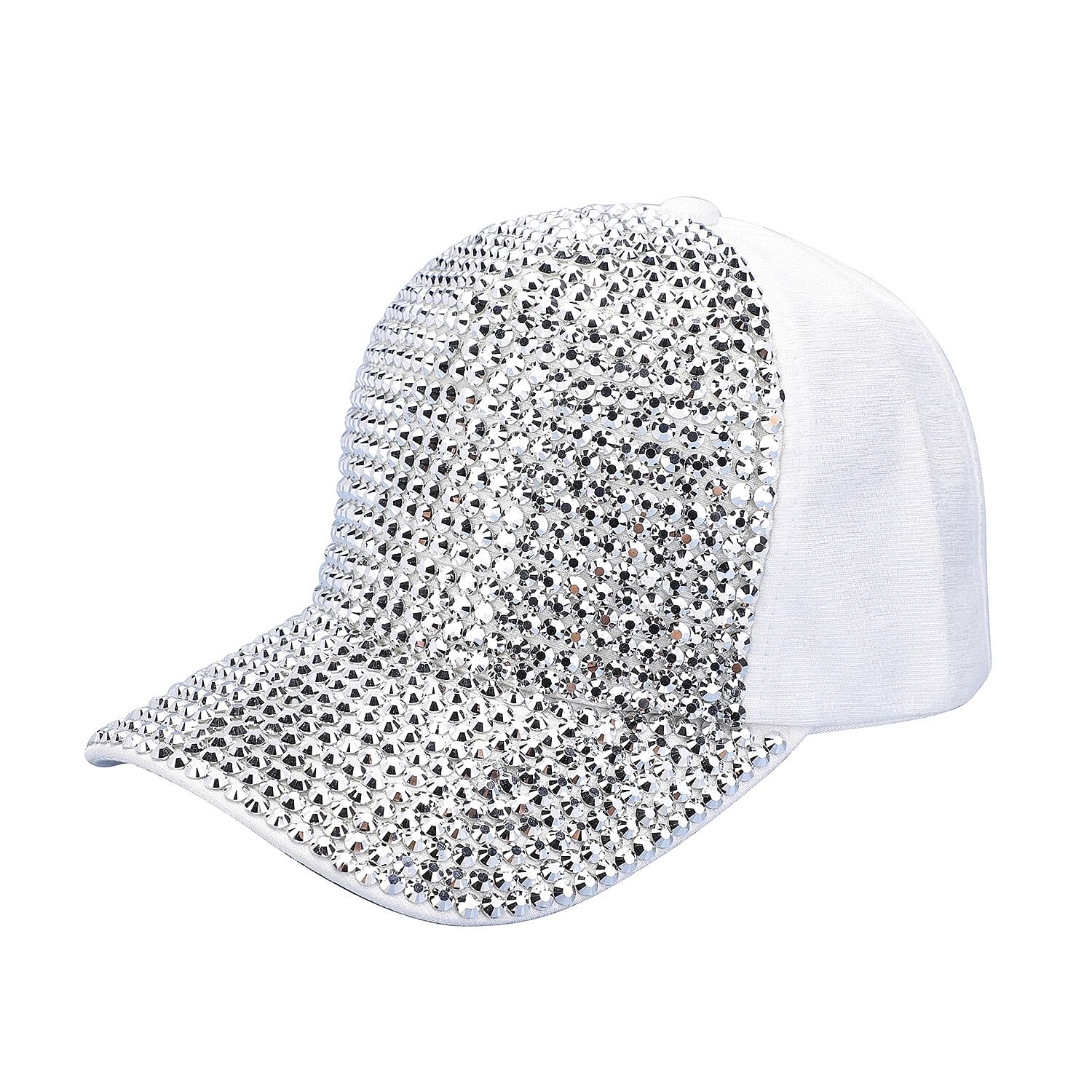 Jovie Cotton Rhinestone Bling Front Hat with Adjustable Strap (Size 58x16 Cm) - Silver