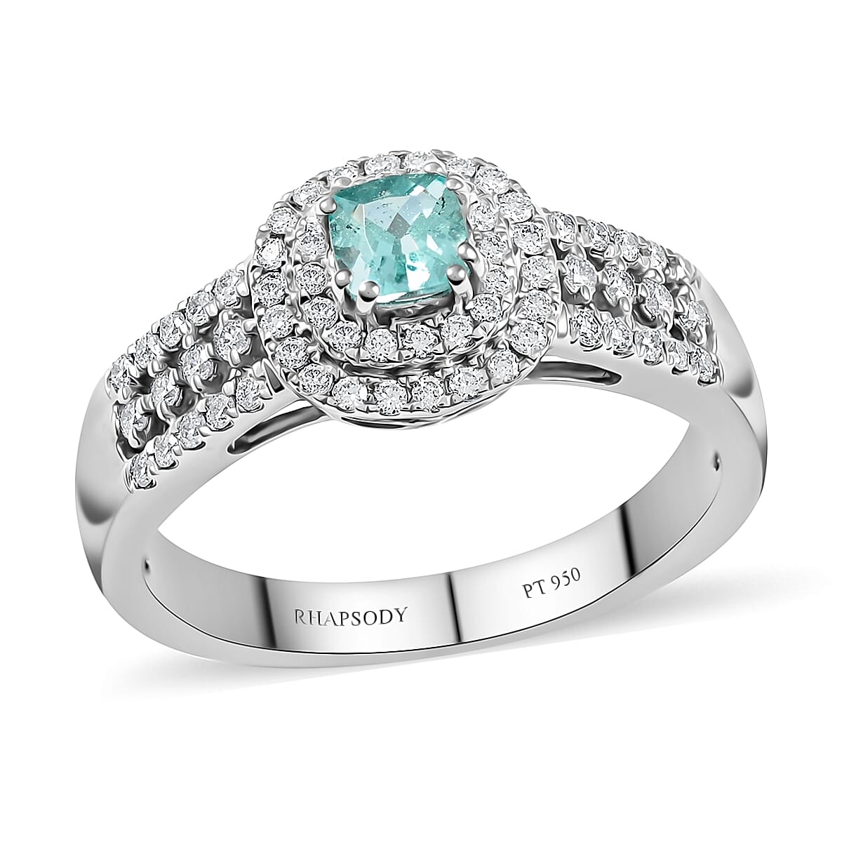 Certified and Appraised RHAPSODY 950 Platinum AAAA Paraiba Tourmaline and Diamond (VS-EF) Double Halo Ring 0.75 Ct, Platinum 7.23 Gms