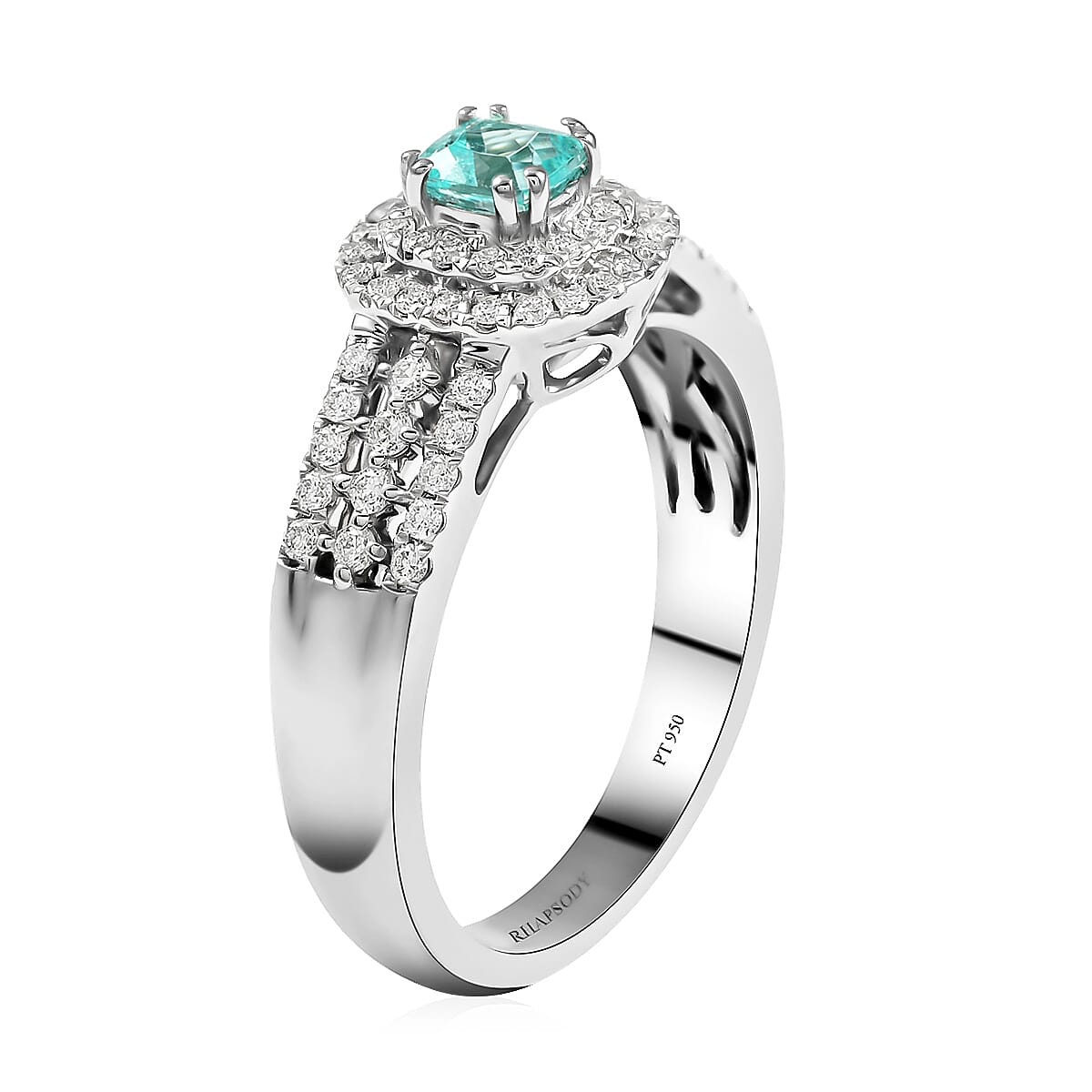Certified and Appraised RHAPSODY 950 Platinum AAAA Paraiba Tourmaline and Diamond (VS-EF) Double Halo Ring 0.75 Ct, Platinum 7.23 Gms