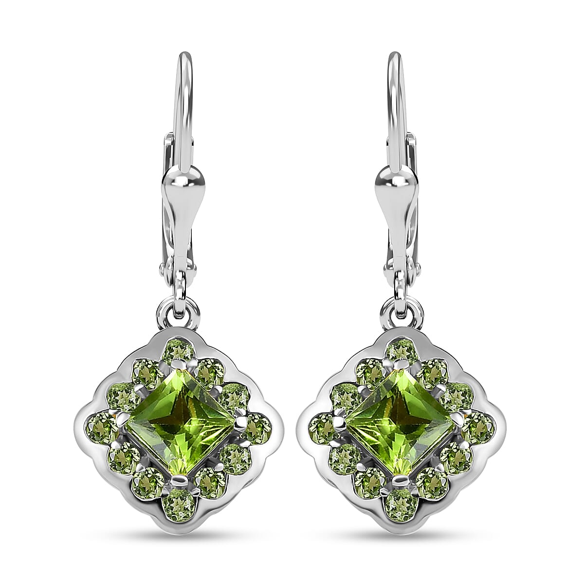 Peridot Cluster Earring (with Lever Back) in Platinum Overlay Sterling Silver