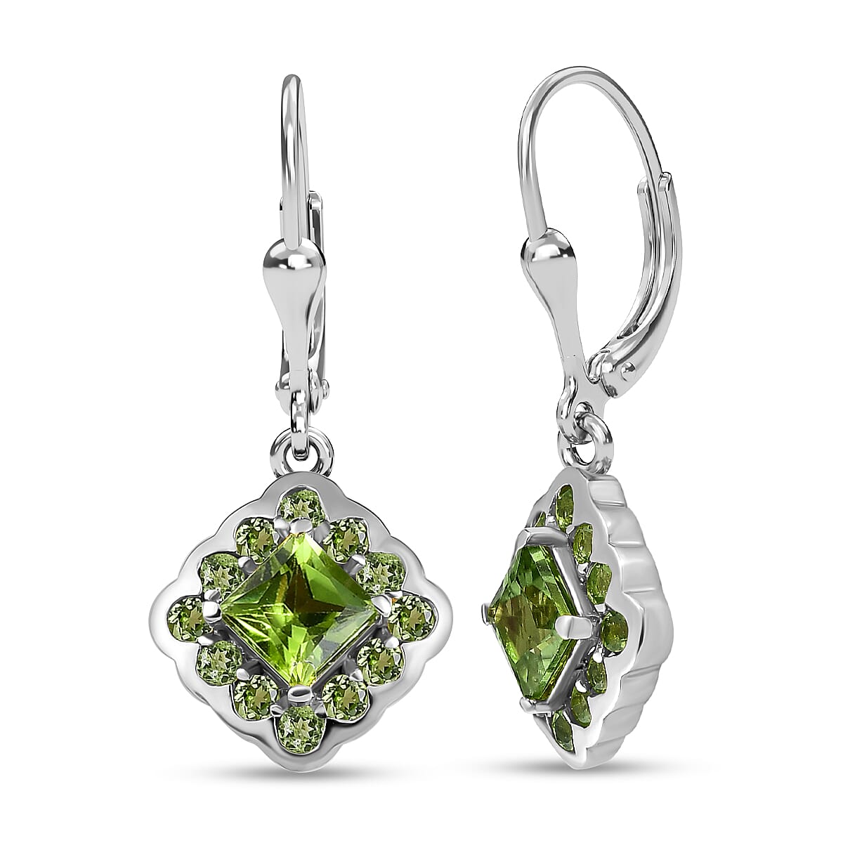 Peridot Cluster Earring (with Lever Back) in Platinum Overlay Sterling Silver