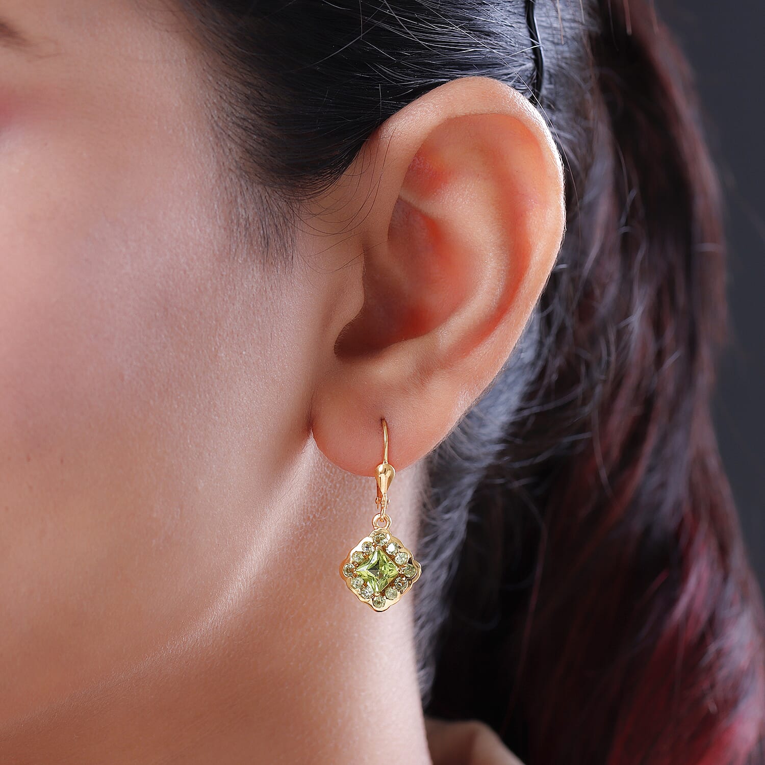 Peridot  Cluster Earring (with Lever Back) in 18K Vermeil Yellow Gold Plated Sterling Silver