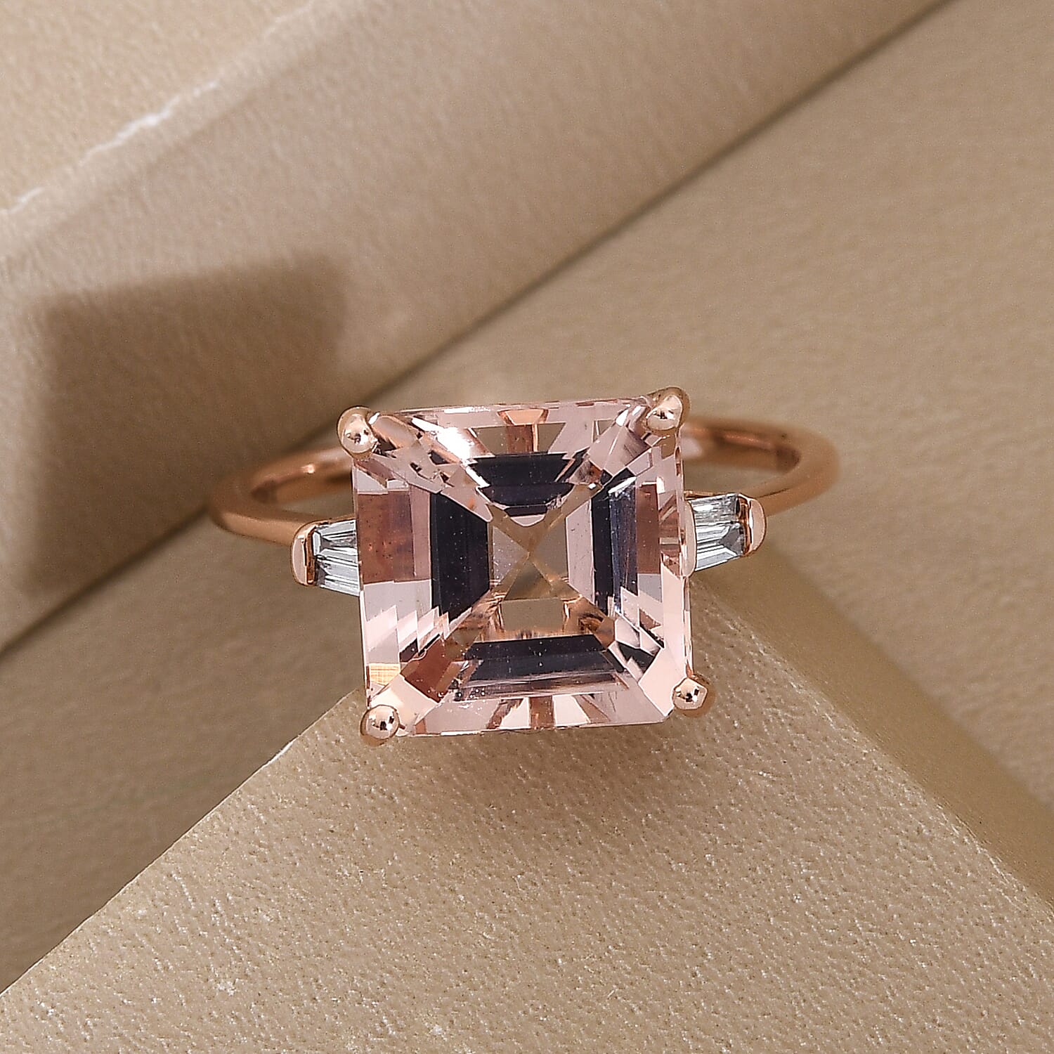 ILIANA 18K Rose Gold AAA Morganite (Asscher Cut) and Diamond (SI-G-H) Ring 4.53 Ct.