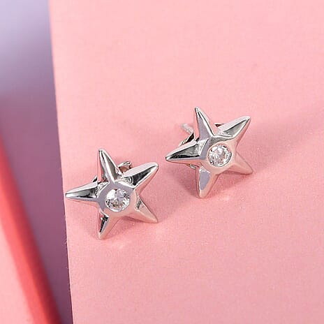 Moissanite Star Earrings in Platinum Overlay Sterling Silver
