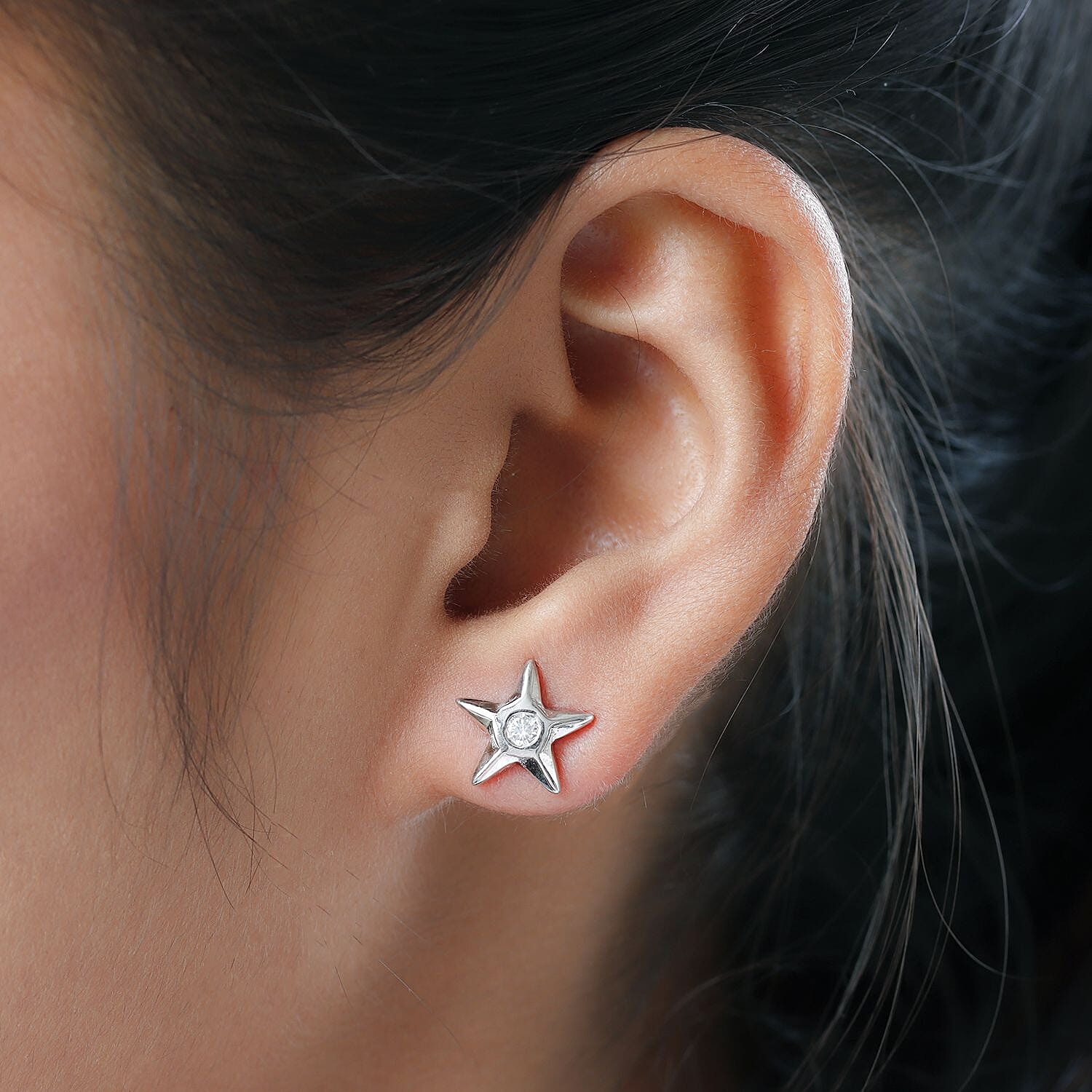 Moissanite Star Earrings with Push Back in Platinum Overlay Sterling Silver