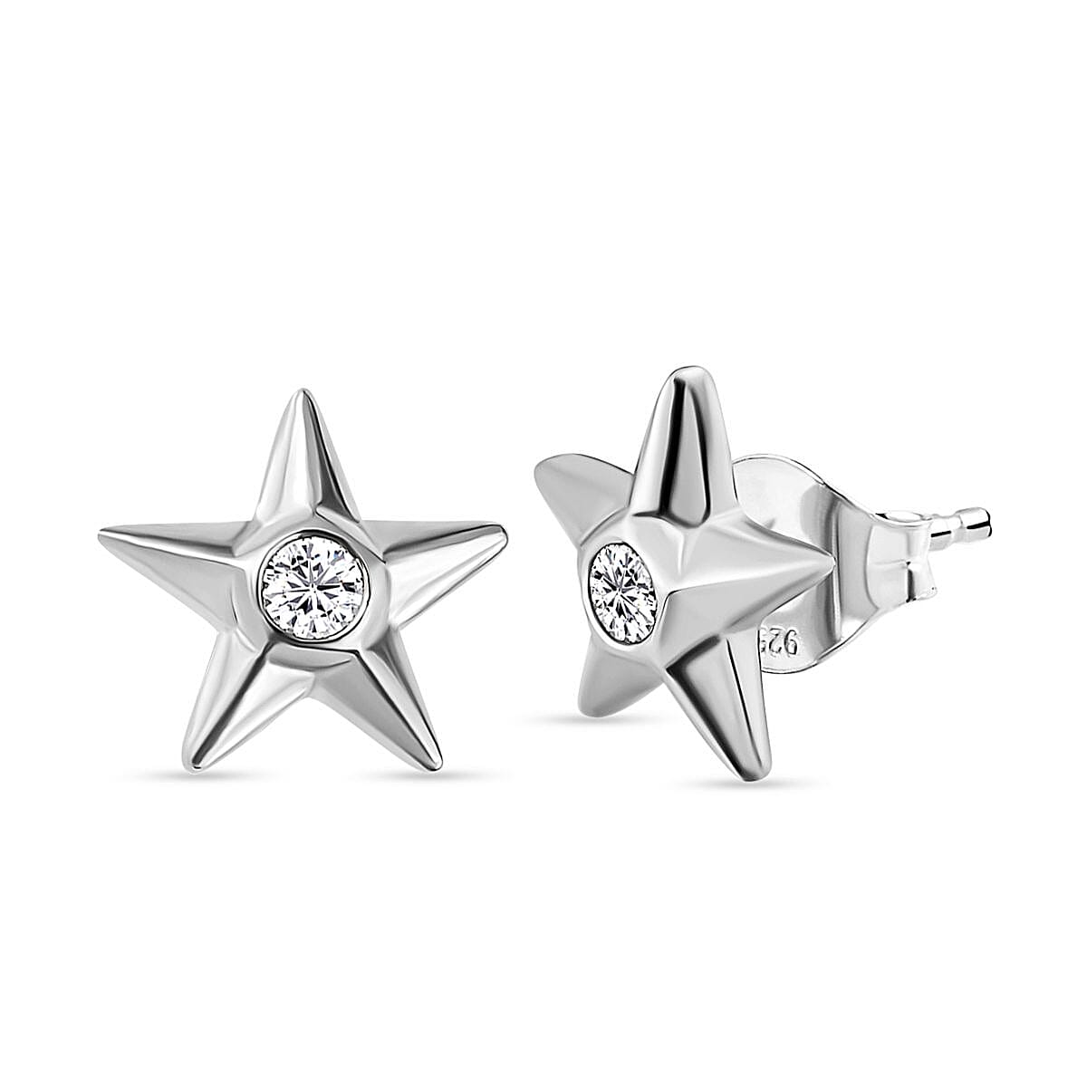 Moissanite Star Earrings with Push Back in Platinum Overlay Sterling Silver