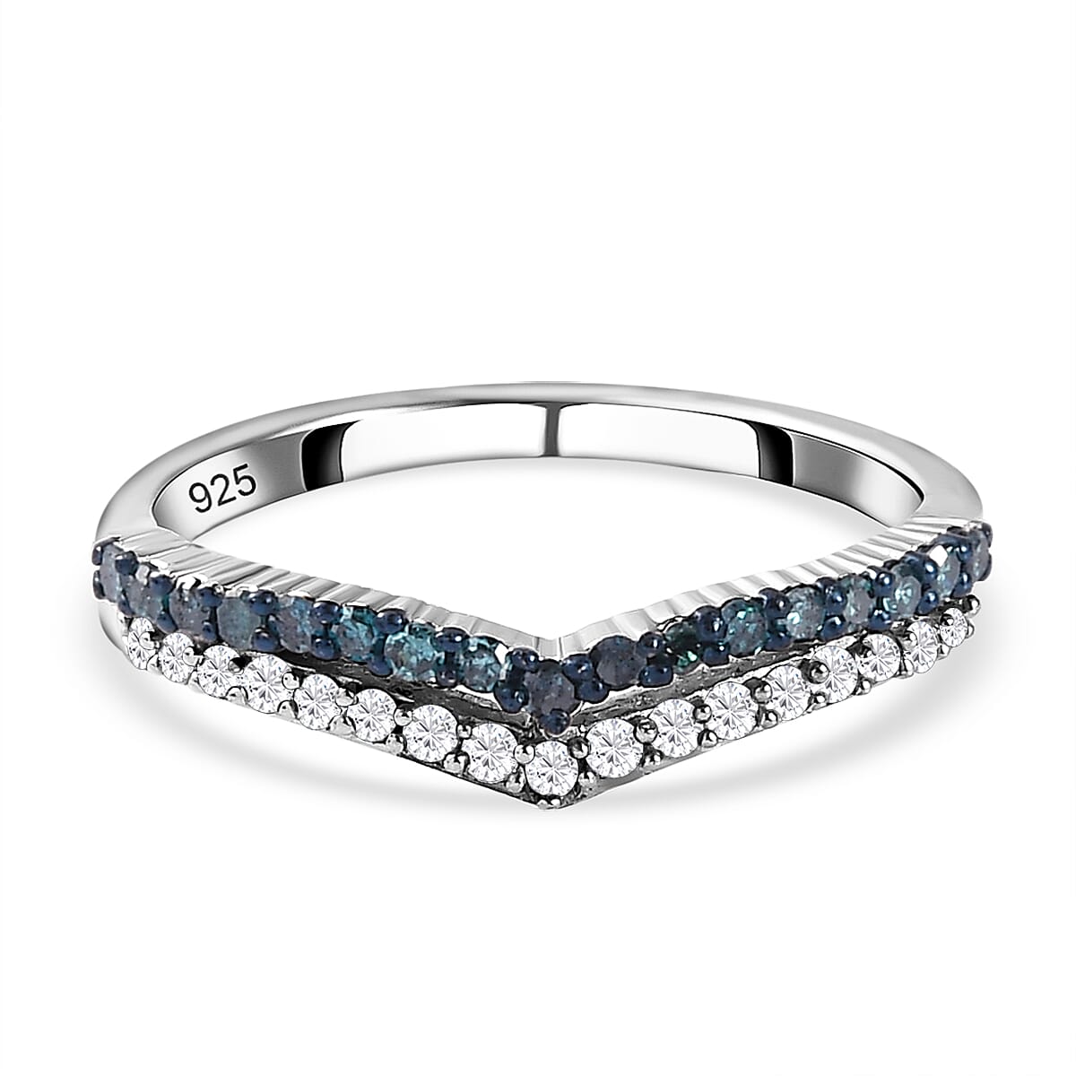 Blue Diamond and White Diamond Wishbone Ring in Platinum Overlay Sterling Silver 0.33 Ct.