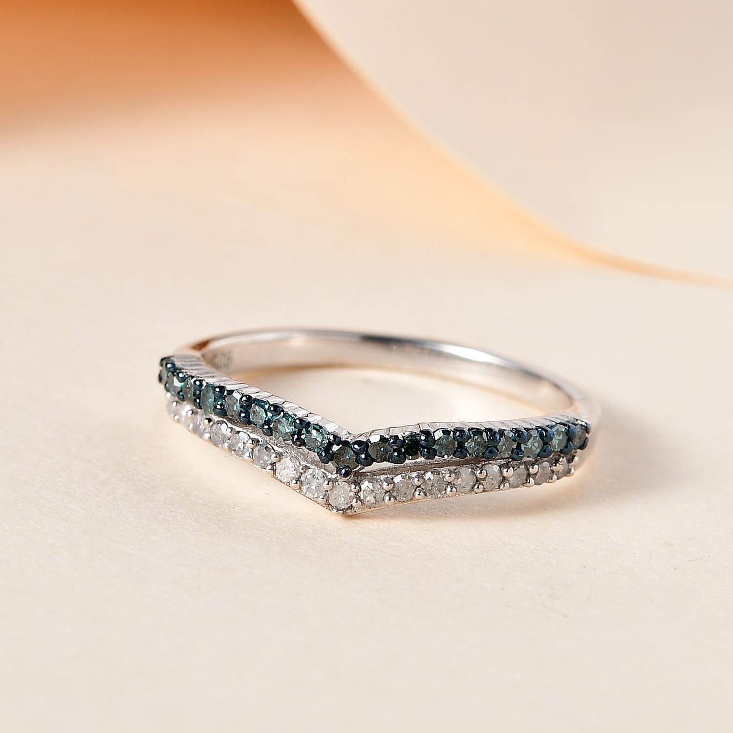 Blue Diamond and White Diamond Wishbone Ring in Platinum Overlay Sterling Silver 0.33 Ct.
