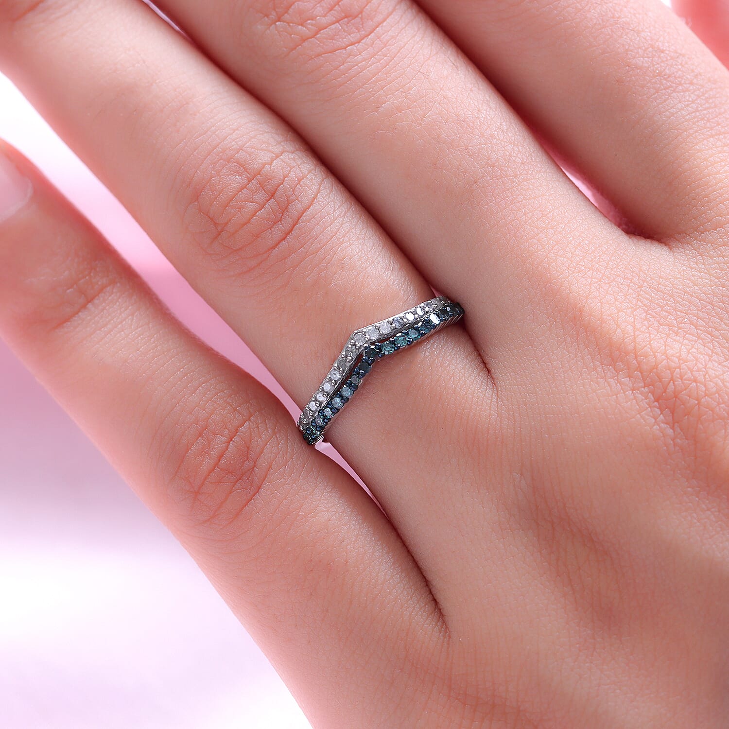 Blue Diamond and White Diamond Wishbone Ring in Platinum Overlay Sterling Silver 0.33 Ct.