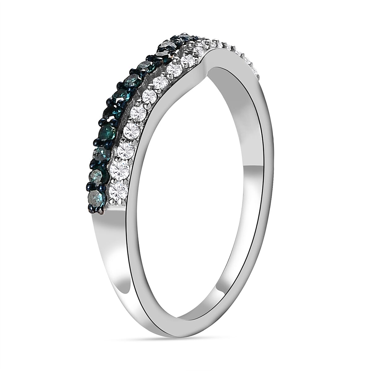 Blue Diamond and White Diamond Wishbone Ring in Platinum Overlay Sterling Silver 0.33 Ct.