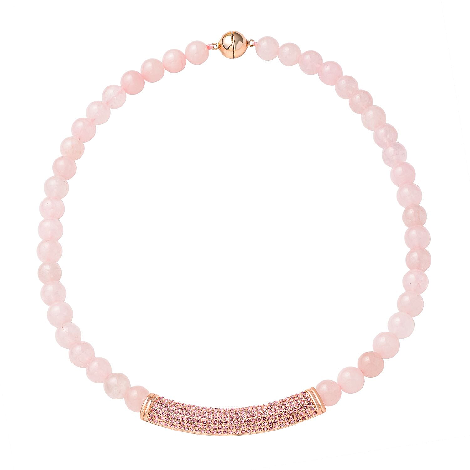 Rose Quartz and Pink Austrian Crystal Necklace (Size - 20) With Magnetic Clasp in Rose Gold Tone