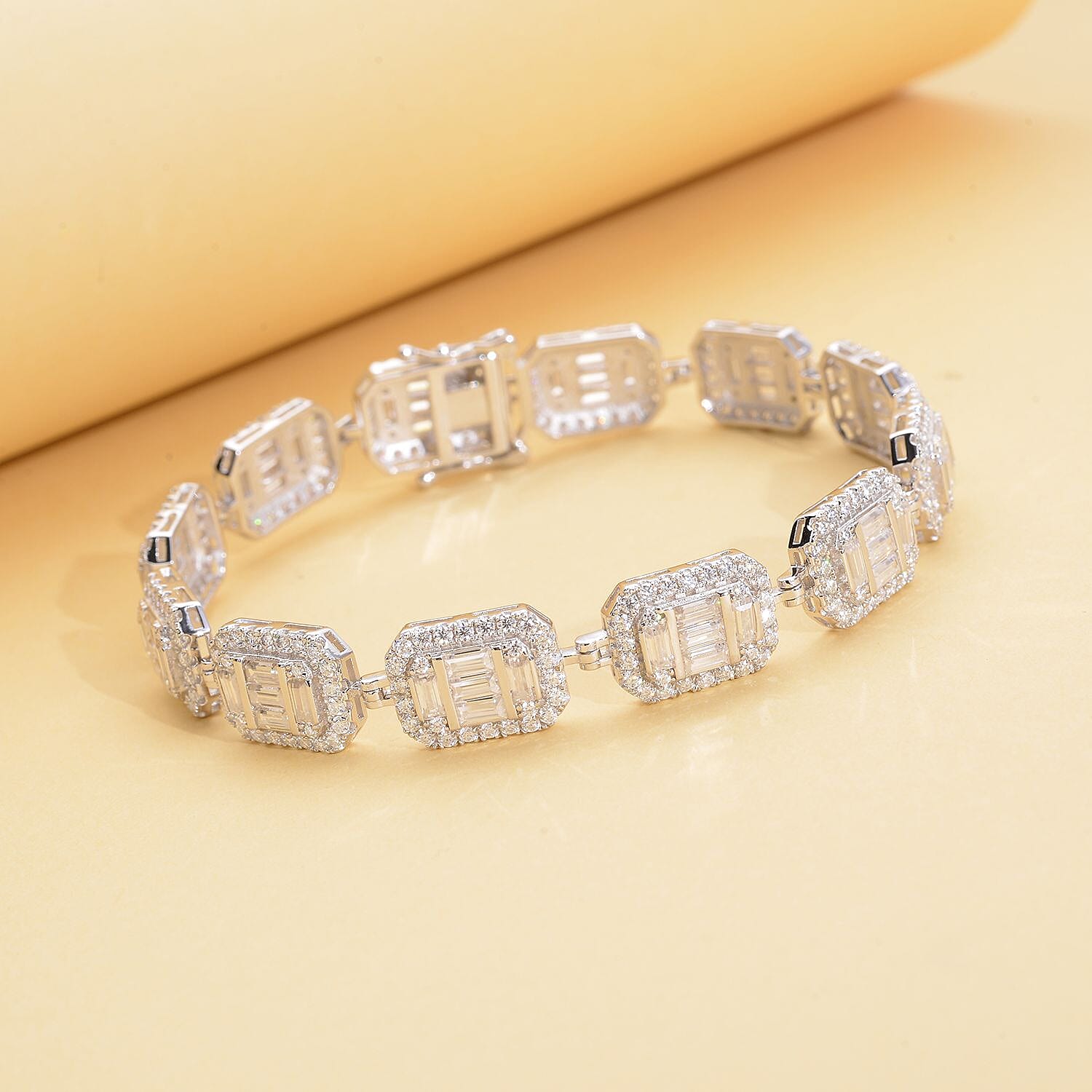 Moissanite Bracelet (Size - 6.25) in Rhodium Overlay Sterling Silver 9.46 Ct, Silver Wt. 17.00 Gms