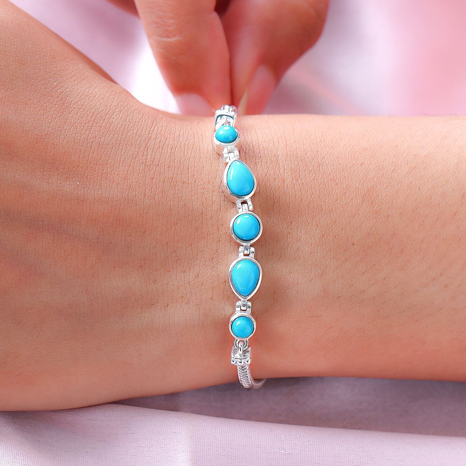 Arizona Sleeping Beauty Turquoise Bracelet (Size - 7.5 with Extender) in Platinum Overlay Sterling Silver 2.55 Ct, Silver Wt. 7.37 Gms