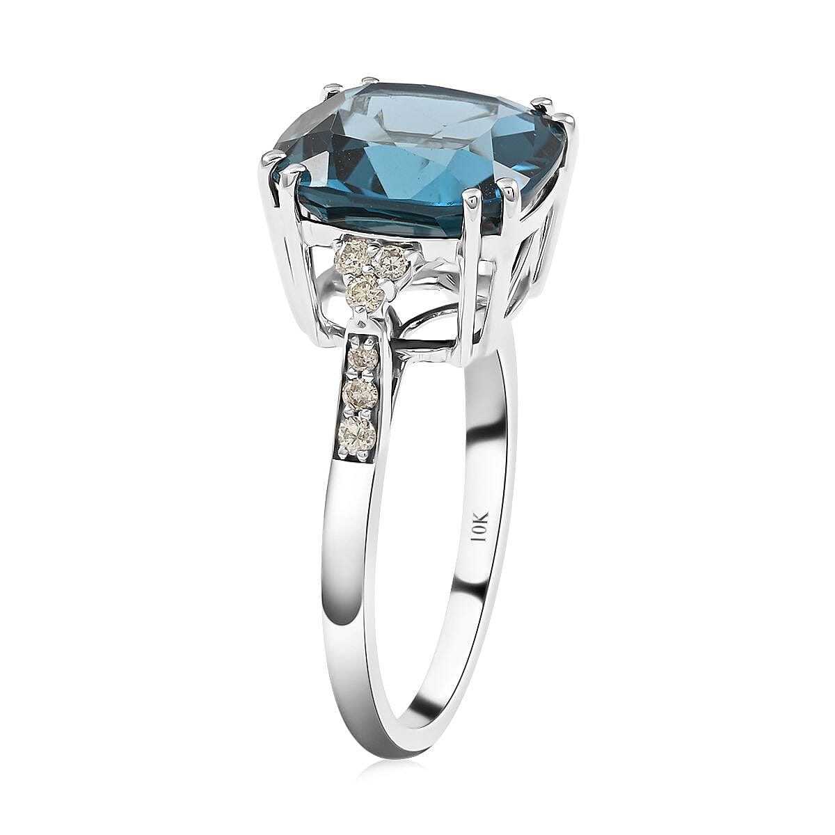 AGI Certified and Appraised 10K White Gold AAA London Blue Topaz and Diamond Ring 7.10 Ct.
